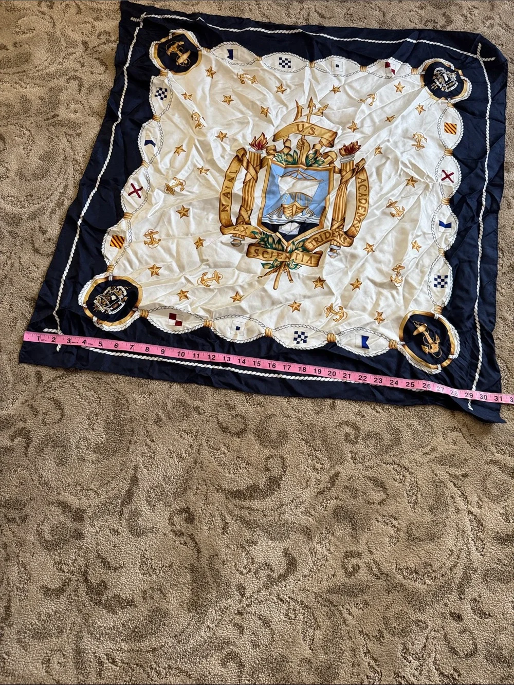 Nautical Crest Silk Scarf in Navy, Cream & Gold